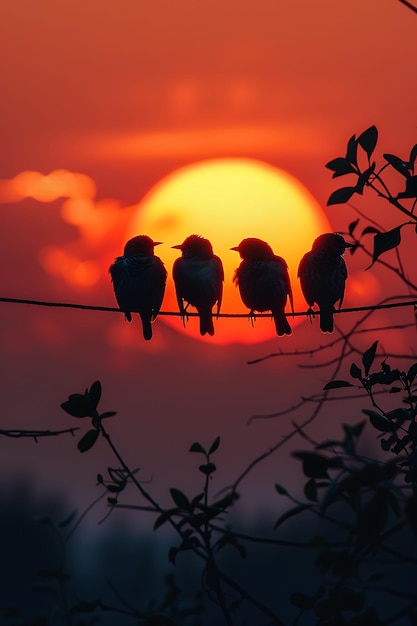 Birds Sitting on a Wire as Silhouette Shadow Cast in a Linea Creative Photo Of Elegant Background