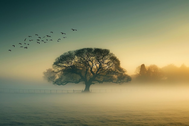 Birds soaring over a field of mistcovered trees at dawn