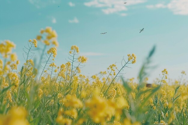 Birds soaring over a field of rapeseed flowers in brilliant yellow