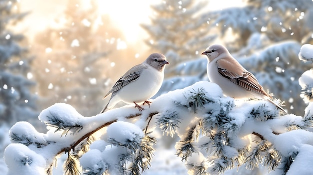 birds on a tree branch with snow on the branches