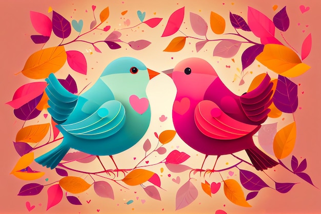 Birds on a tree illustration love couple relationship red bright color of love and affection