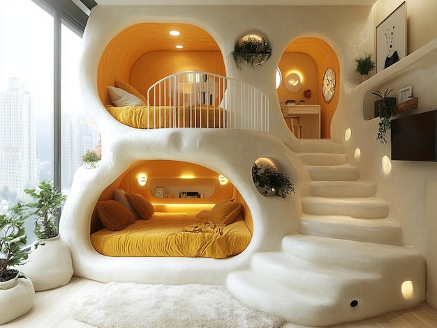 Photo birdseye view of a cozy loft with a round bed play area below and city views through large windows