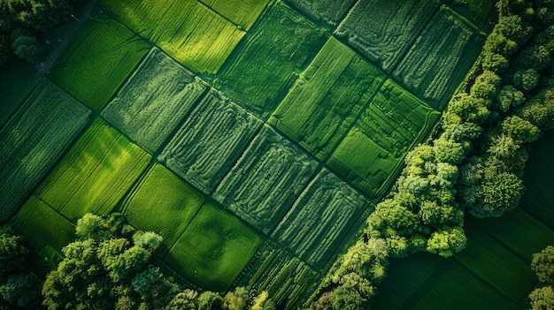 Birdseye view of cultivated farmland in the countryside ready for planting crops