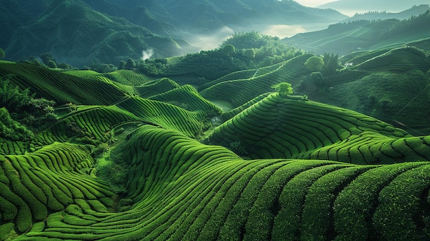 A birdseye view of neatly manicured rows of tea bushes cascading down the slopes of a verdant hillside disappearing into the horizon