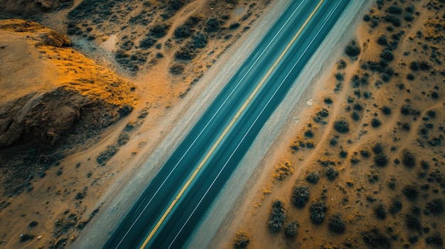 Photo birdseye view of a remote desert highway stretching into the horizon