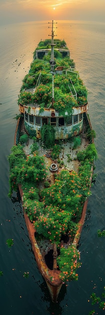 Birdseye View of Shore with Abandoned Large Ship