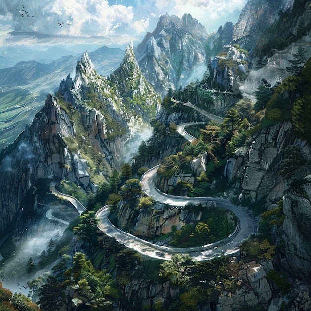 A birdseye view of a winding mountain road