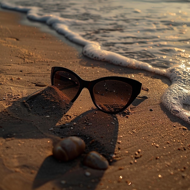 Photo birdview giant gigantic black sunglasses lying in the sand on the seashore waves are visible on th