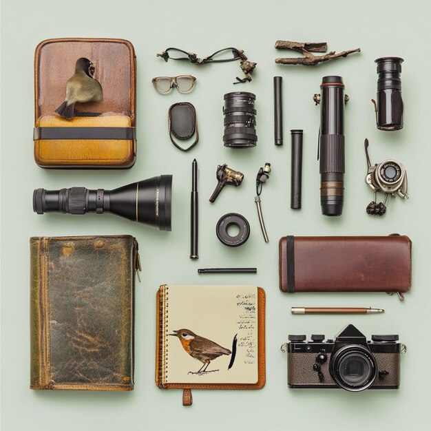 Birdwatching equipment showcasing gear such as scopes cameras and notebooks used by birdwatchers