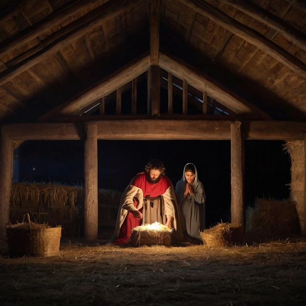 The Birth of Christ in a Nighttime Stable