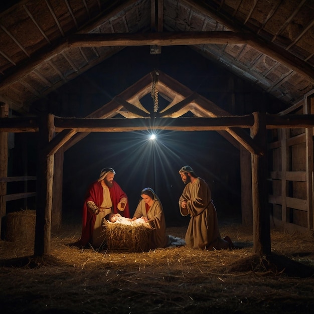 The Birth of Christ in a Nighttime Stable