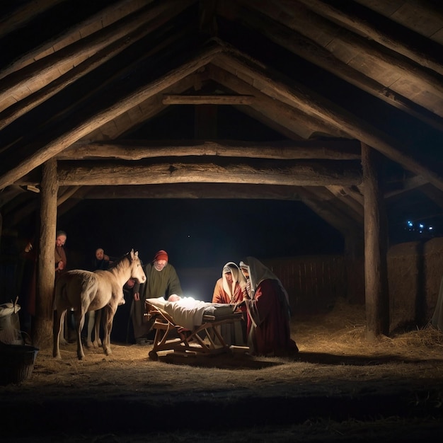 The Birth of Christ in a Nighttime Stable