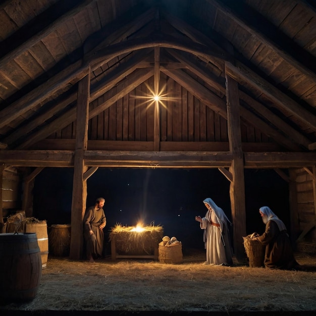 The Birth of Christ in a Nighttime Stable