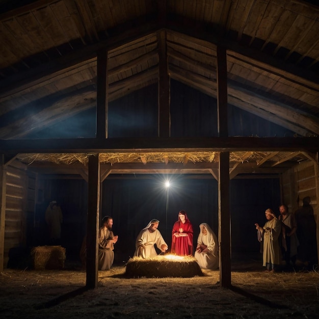 The Birth of Christ in a Nighttime Stable