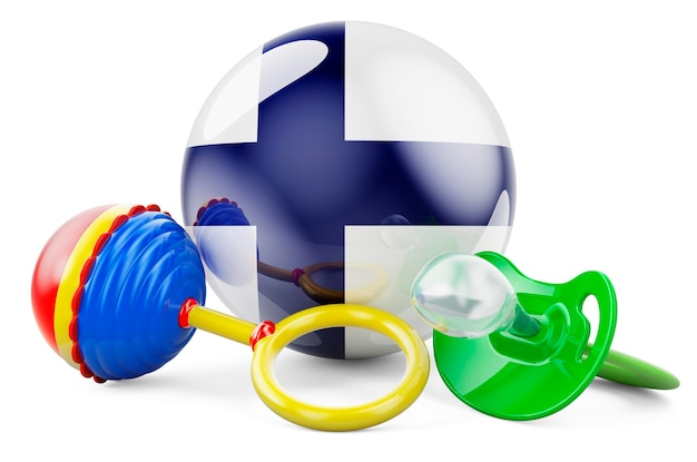 Photo birth rate and parenting in finland concept baby pacifier and baby rattle with finnish flag 3d rendering