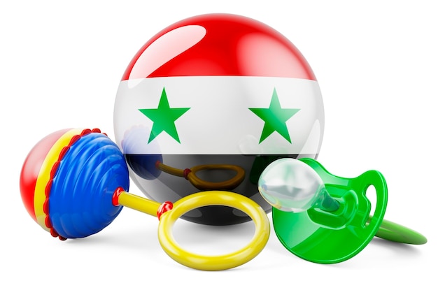 Birth rate and parenting in Syria concept Baby pacifier and baby rattle with Syrian flag 3D rendering