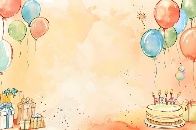 A birthday background with balloons cake and gifts