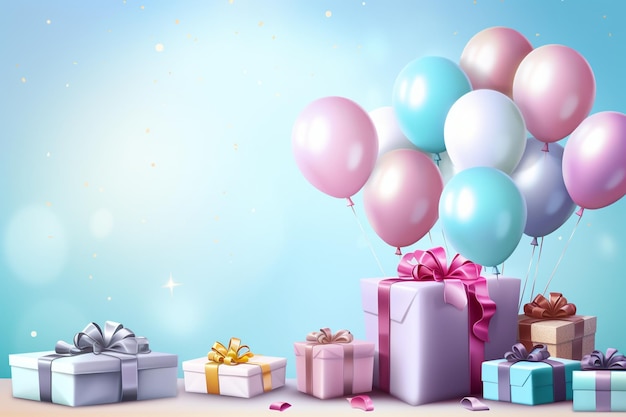 Birthday background with balloons and gifts