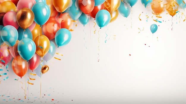 Birthday background with balloons and pennants on white background Generative AI