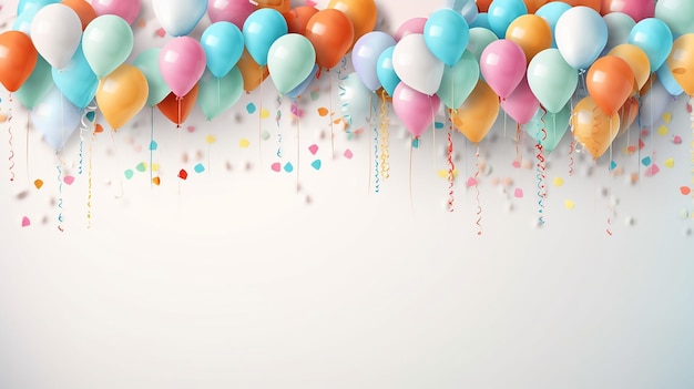 Birthday background with balloons and pennants on white background Generative AI