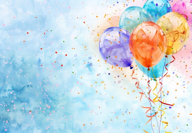 Photo a birthday background with colorful balloons streamers and confetti on the right side of an empty space in front of blue watercolor texture