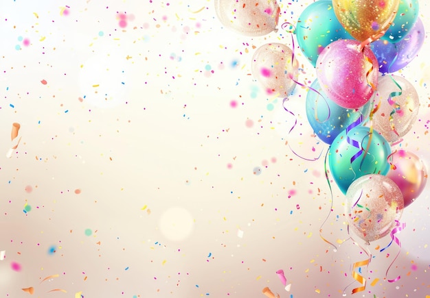 Photo a birthday background with colorful balloons streamers and confetti on the right side of an empty space in front of it