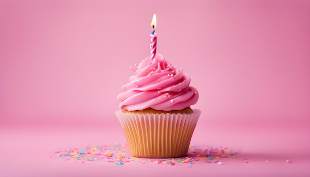 Birthday background with pink birthday cupcake and candle birthday gift and party hat