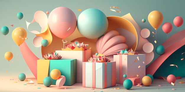 Birthday banner space with gifts and balloon decoration element for greeting design Generative AI