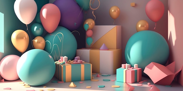 Birthday banner space with gifts and balloon decoration element for greeting design Generative AI