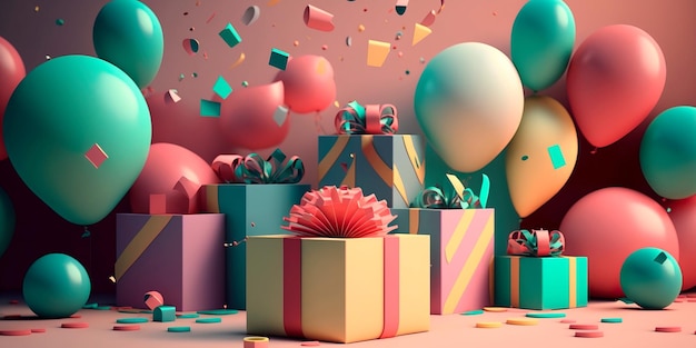 Birthday banner space with gifts and balloon decoration element for greeting design Generative AI