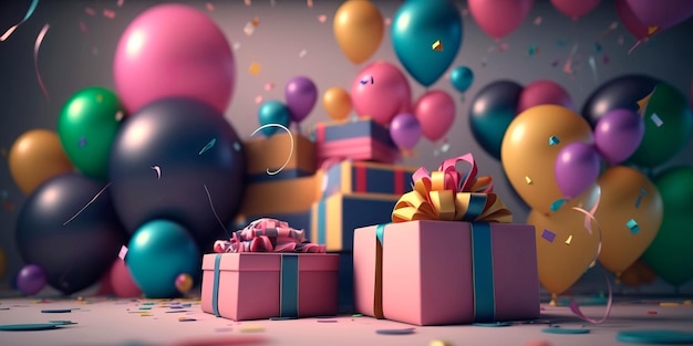 Birthday banner space with gifts and balloon decoration element for greeting design Generative AI