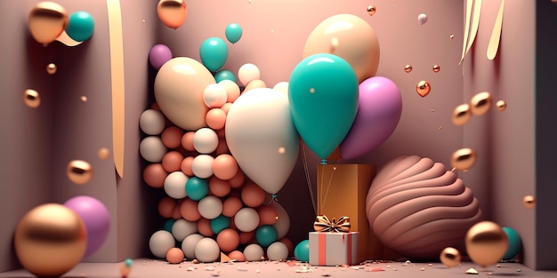 Birthday banner space with gifts and balloon decoration element for greeting design Generative AI