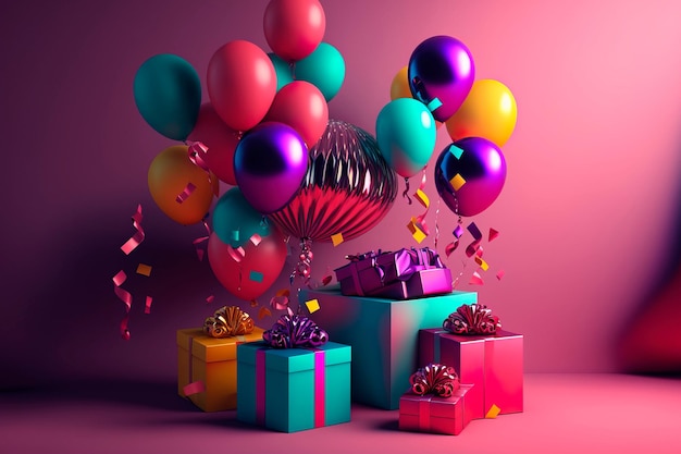 Birthday banner Viva Magenta space with gifts and balloon decoration element for greeting design Generative AI