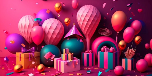 Birthday banner Viva Magenta space with gifts and balloon decoration element for greeting design Generative AI