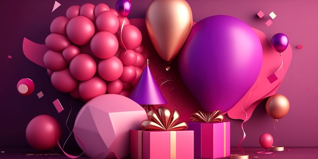 Birthday banner Viva Magenta space with gifts and balloon decoration element for greeting design Generative AI