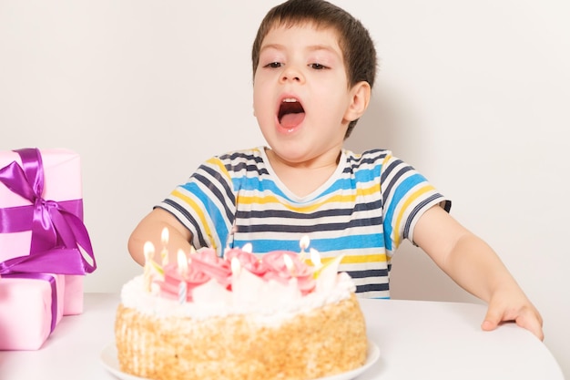 The birthday boy blows out the candles on the birthday cake