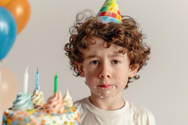 Photo birthday boy in party hat looking his cake