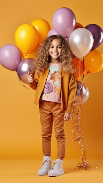 Birthday bright smile while surrounded by inflatable balloons captivating orange background