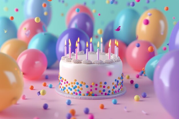 Birthday Cake and Balloons a colorful birthday cake adorned with candles surrounded