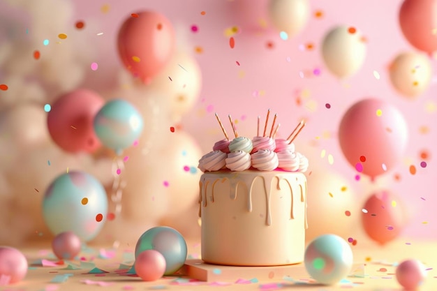 A Birthday Cake Celebration with Balloons and Confetti