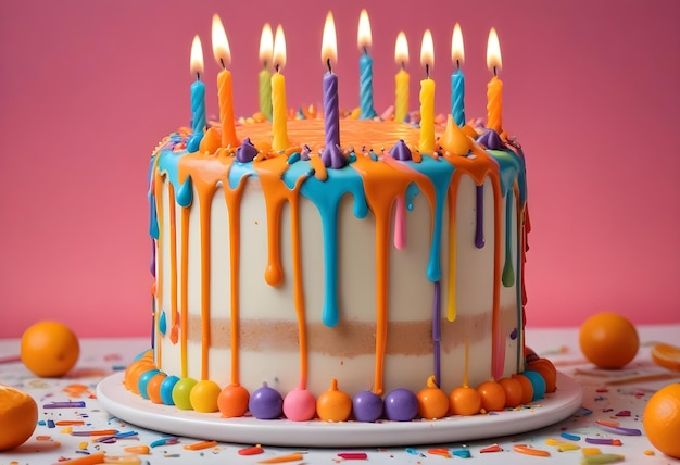 Birthday cake Colorful birthday cake with lots of candles and orange drip icing