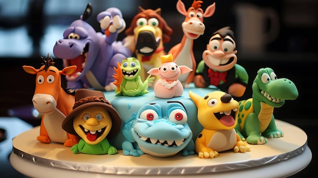 A birthday cake decorated with a whimsical assortment of cartoon animal characters