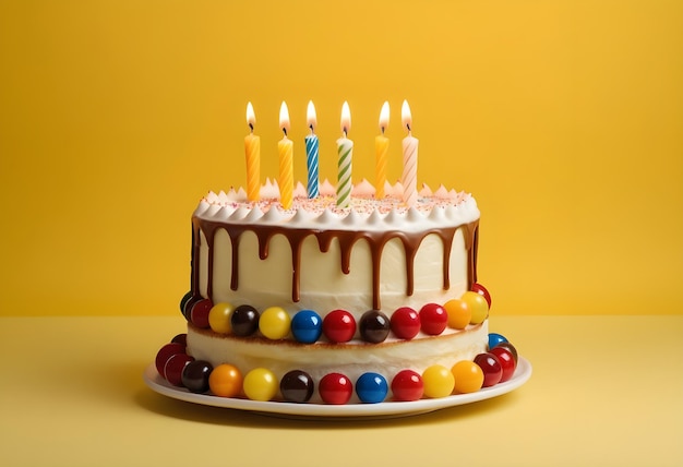 Birthday cake happy birthday cake shot on a yellow background with candles and lots of space