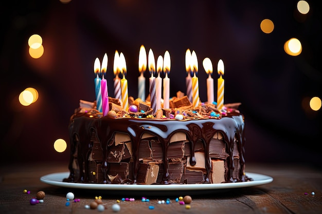 Birthday cake made of chocolate and adorned with candles