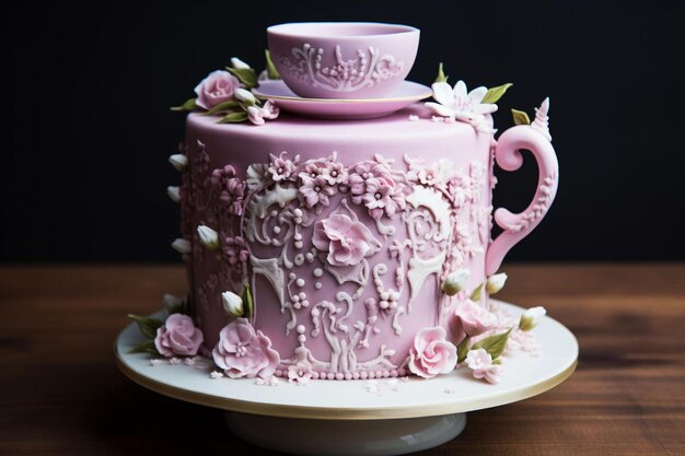 Photo a birthday cake shaped like a teacup with floral des