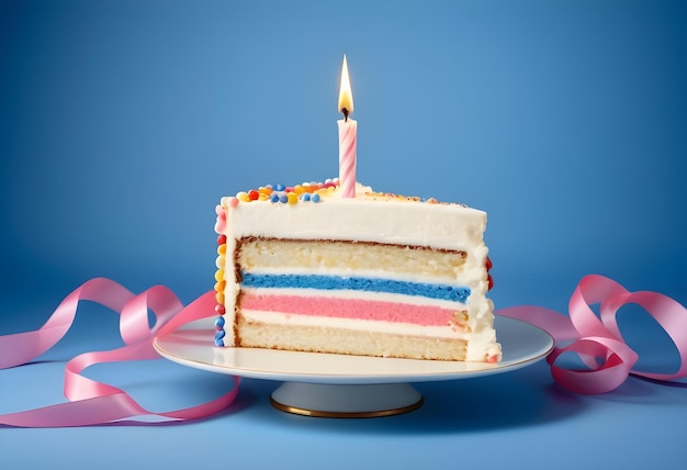 Birthday cake Slice of Birthday Cake with a lit candle and ribbons over a blue background