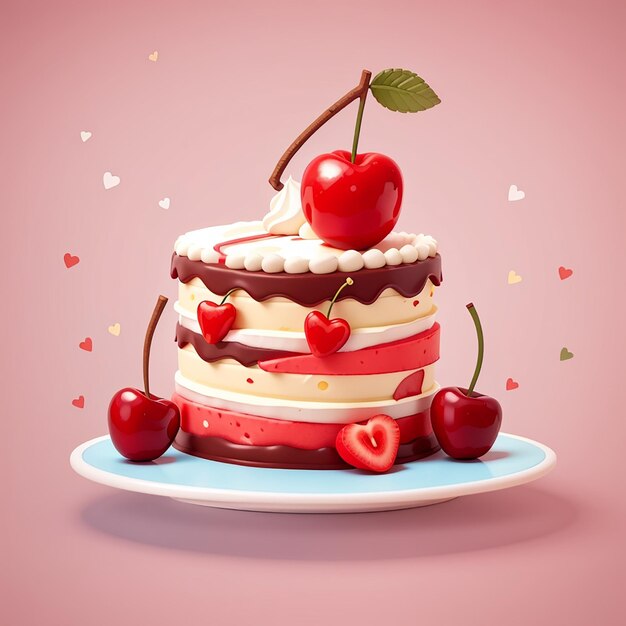 Photo birthday cake slice with cherry cartoon vector icon illustration food object isolated flat vector