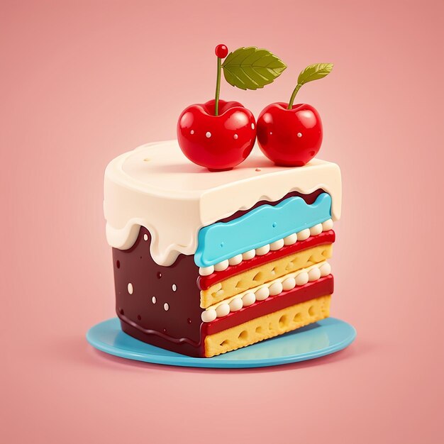 Photo birthday cake slice with cherry cartoon vector icon illustration food object isolated flat vector