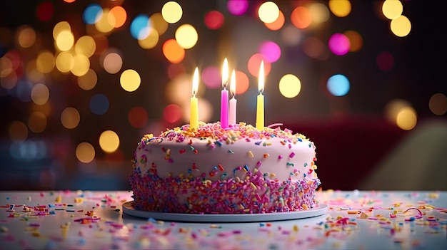 Birthday cake on a stand decorated with a sweets sparklers on a backgrounds with lights bokeh sweet dessert Generative AI