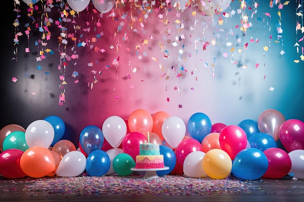 A birthday cake surrounded by balloons and confetti